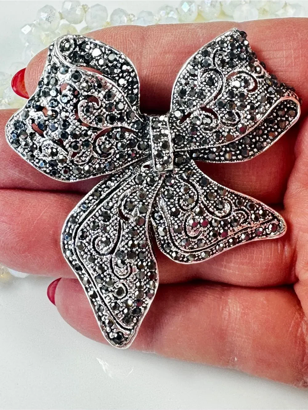 Vintage Black Crystal Bow Brooch - Silver Accents